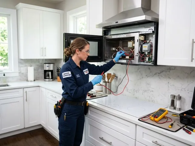Appliance Repair Hero technician testing an over-the-range microwave in a Bethpage, TN kitchen